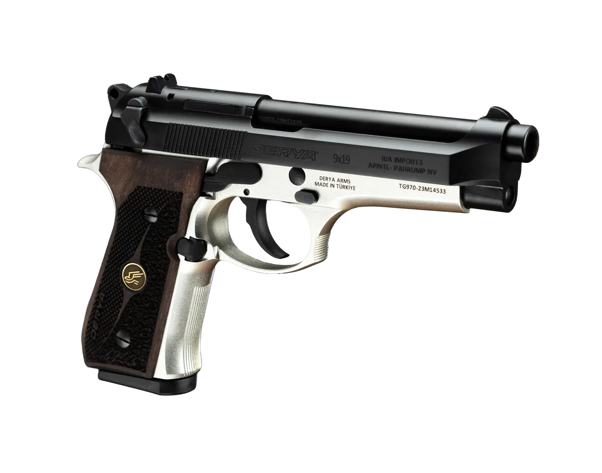 Melik 9mm 17rd Two Tone, Silver Frame, Black Slide, Black Melotine Steel Parts; Anodized Aluminum