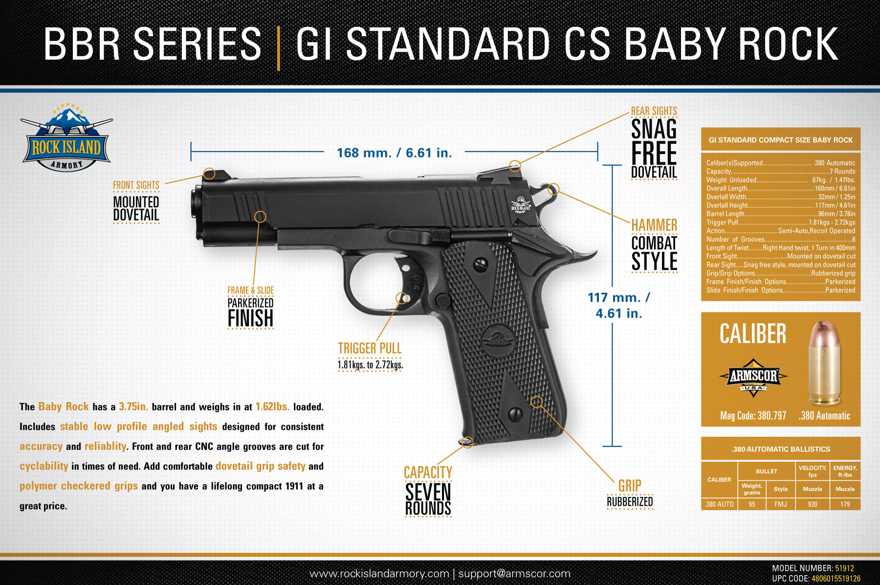 Rock Island 1911 Baby Rock Magazine – 7 Rounds, .380 ACP – METALFORM #380.797